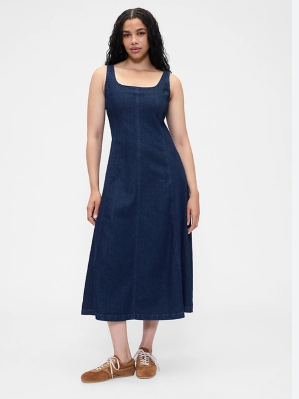 GAP Square Neck Denim Maxi Dress Dark Wash Size: L Tall